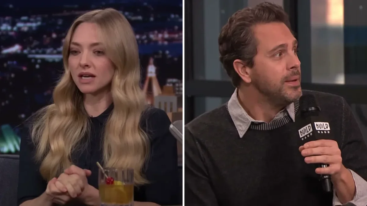 Split image: Amanda Seyfried speaking during a talk show interview, and Thomas Sadoski holding a microphone during an interview