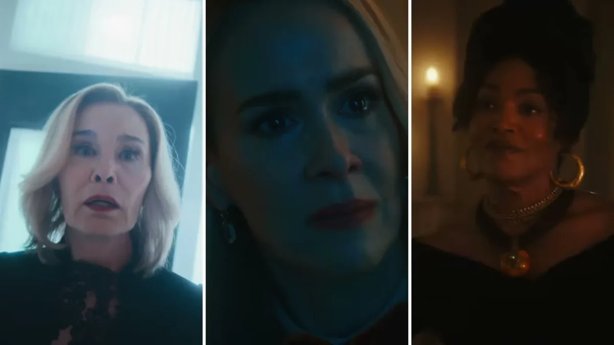 Composite image of three frames from the American Horror Story 13 trailer: Jessica Lange, Sarah Paulson and Angela Bassett
