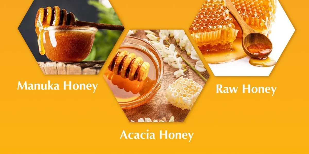 Three hexagon photos of honey labeled Manuka Honey, Acacia Honey and Raw Honey on an orange background