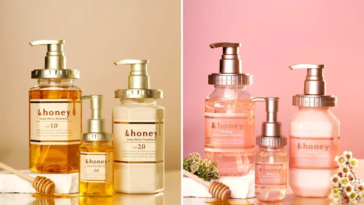 Composite image: the &honey Deep Moist shampoo, treatment and hair oil on a beige background at left, and the pink Melty Moist Repair shampoo, treatment and oil at right