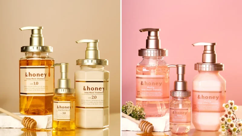 Composite image: the &honey Deep Moist shampoo, treatment and hair oil on a beige background at left, and the pink Melty Moist Repair shampoo, treatment and oil at right