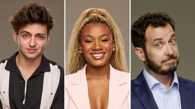 Composite image: CBS cast portraits of Big Brother 28 houseguests Drew Campbell, Taylor Brown and Rick Devens side by side
