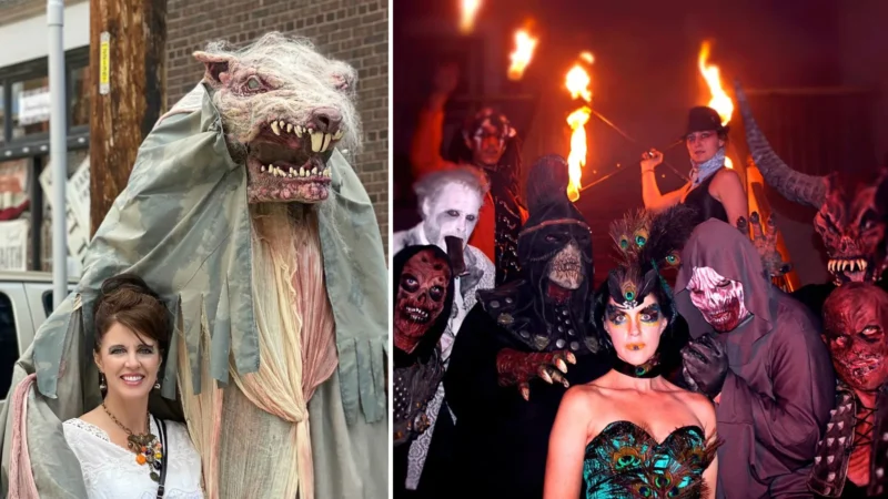 Composite image: at left, Amber Arnett-Bequeaith in a white blouse posing on a West Bottoms street in daylight with a towering costumed monster in a gray cloak; at right, masked and made-up Edge of Hell scare actors in front of fire performers on a staircase
