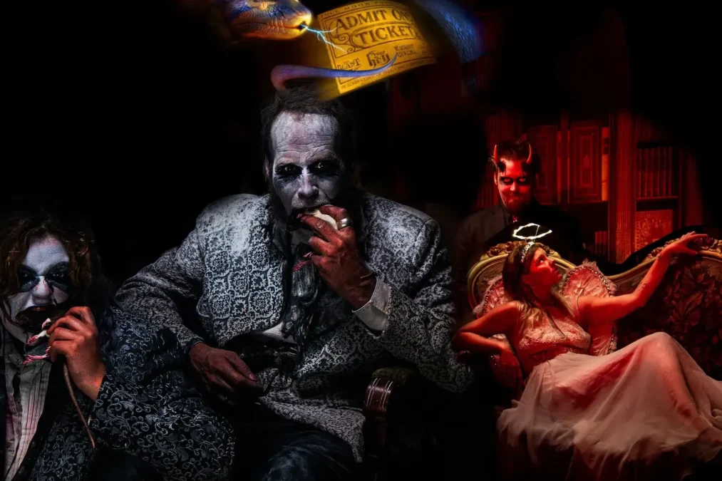 Edge of Hell promotional art: a pale-faced man in a brocade jacket in a dark parlor, with a devil, an angel on a couch, another ghoul and a snake biting an admission ticket