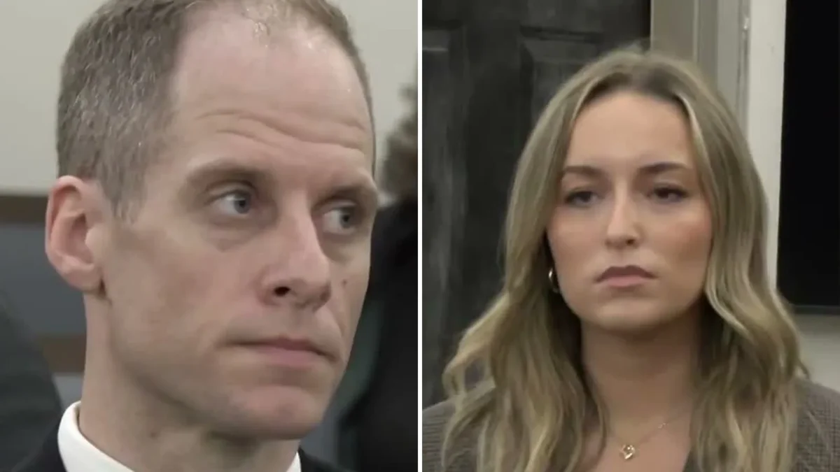 Composite image: Caleb Flynn in a suit at the defense table, and Alleigha Botner on the witness stand in a Miami County, Ohio, courtroom