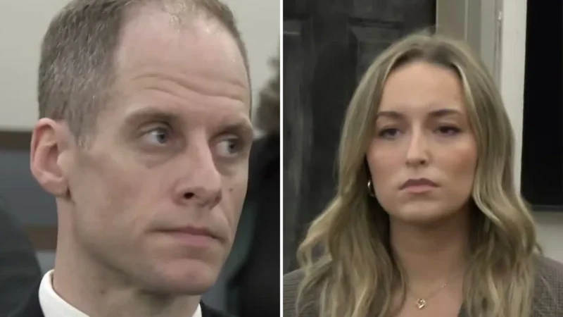 Composite image: Caleb Flynn in a suit at the defense table, and Alleigha Botner on the witness stand in a Miami County, Ohio, courtroom
