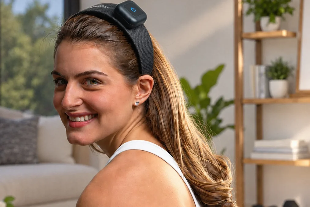 A smiling woman in a living room wears the Capillus HairBand like a headband, with the control pod at the top of her head