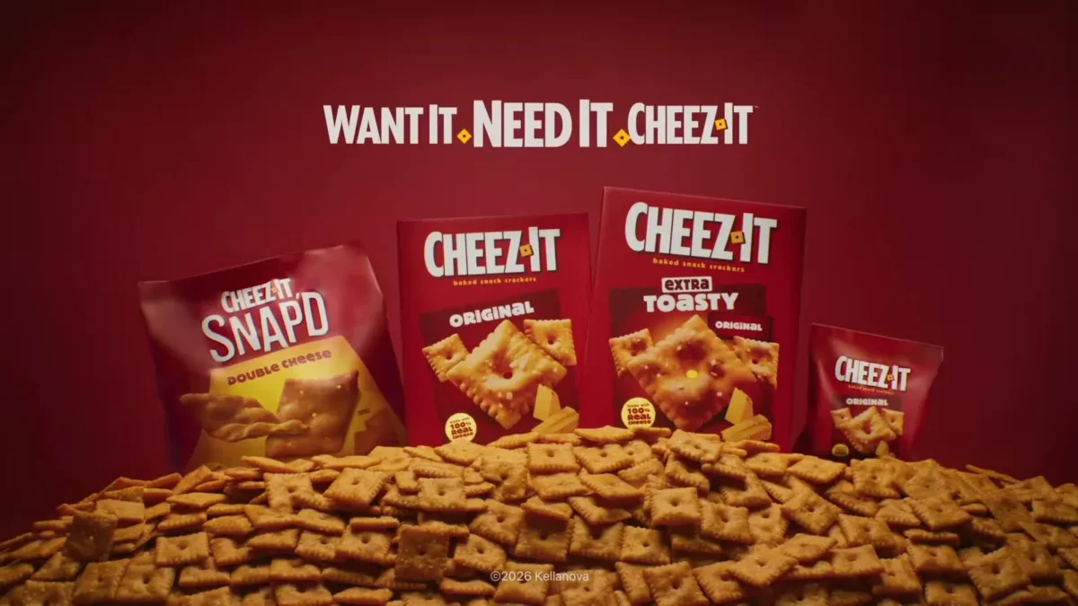 Boxes and bags of Cheez-It Snap'd Double Cheese, Cheez-It Original, Cheez-It Extra Toasty and a snack-size Cheez-It on a pile of crackers under the words Want it. Need it. Cheez-It.