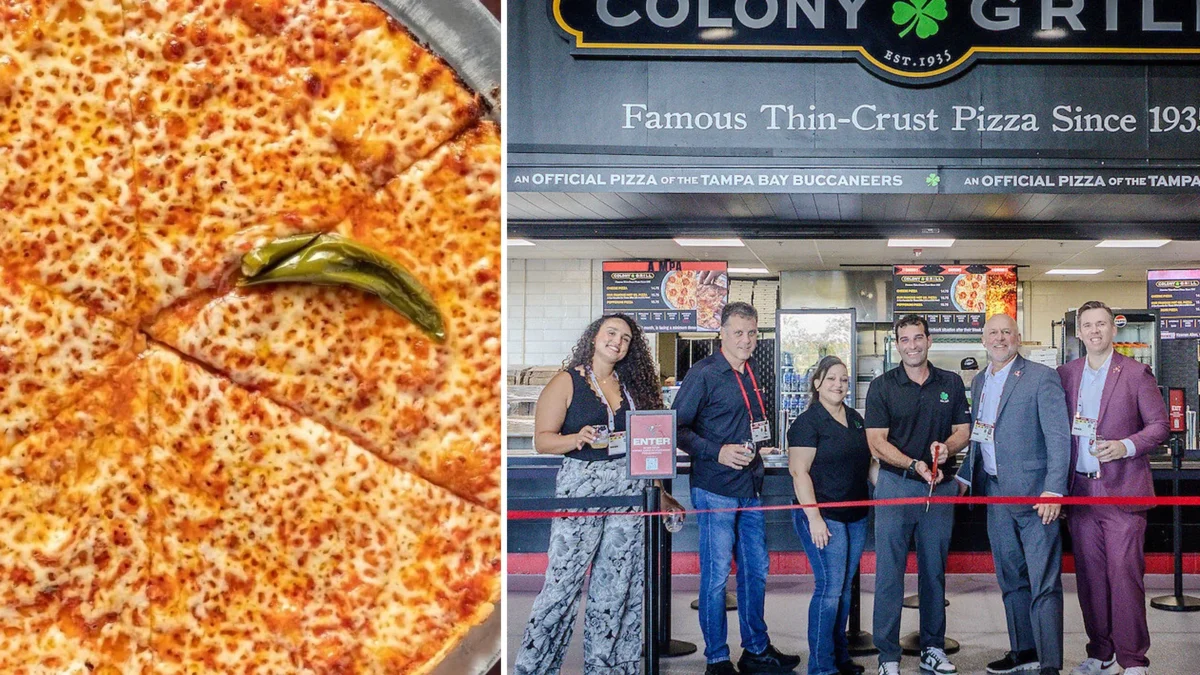 Composite image: at left, a Colony Grill hot oil pizza with a single green stinger pepper on top; at right, Colony Grill and Buccaneers staff cutting a red ribbon at a new Colony Grill stand at Raymond James Stadium