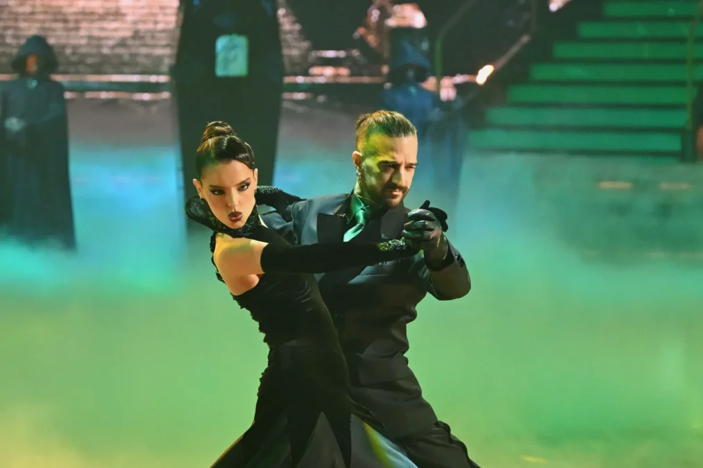 Maura Higgins and Mark Ballas dance a foxtrot on the Dancing With the Stars season 35 premiere