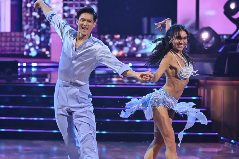 Harry Shum Jr. and Jenna Johnson dance a cha-cha on the Dancing With the Stars season 35 premiere
