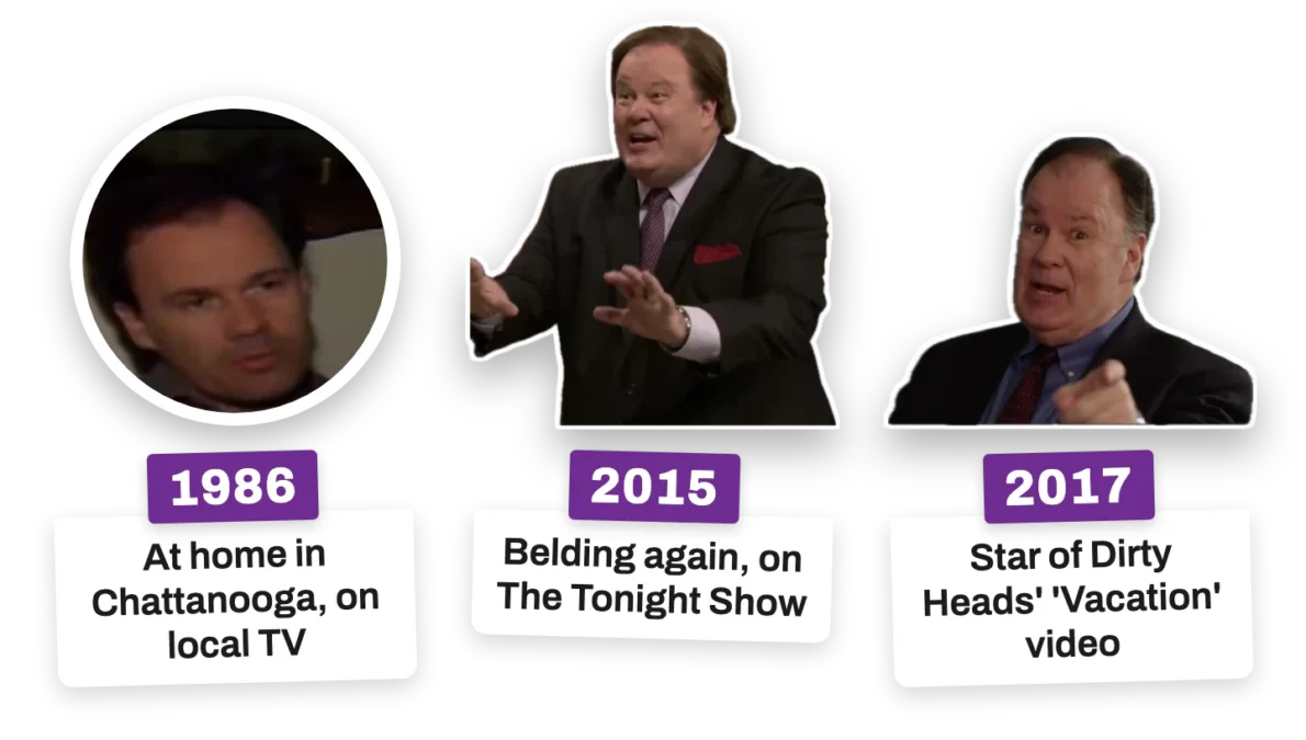 Composite illustration of Dennis Haskins at three ages, labeled 1986: At home in Chattanooga, on local TV; 2015: Belding again, on The Tonight Show; 2017: Star of Dirty Heads' 'Vacation' video
