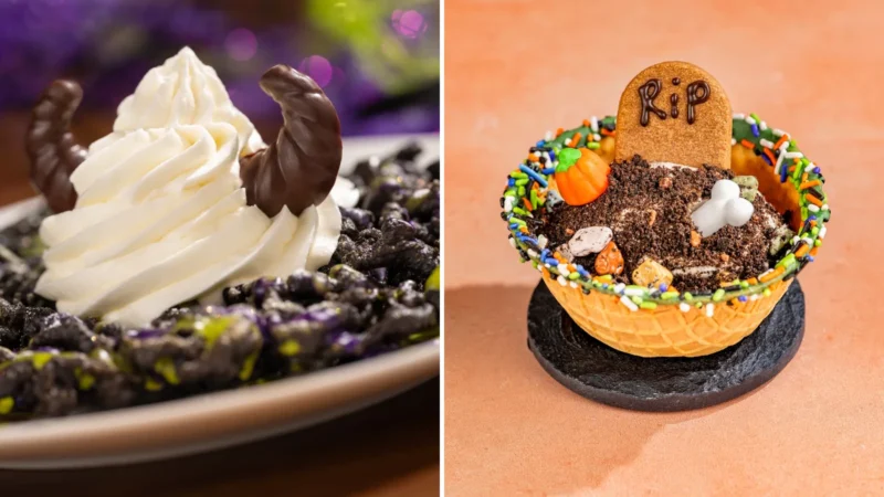Composite image: the Maleficent Funnel Cake, a dark chocolate funnel cake with purple and green icing, soft-serve and chocolate horns, at left, and the Boneyard Cookies and Scream Sundae in a waffle bowl with a cookie tombstone at right