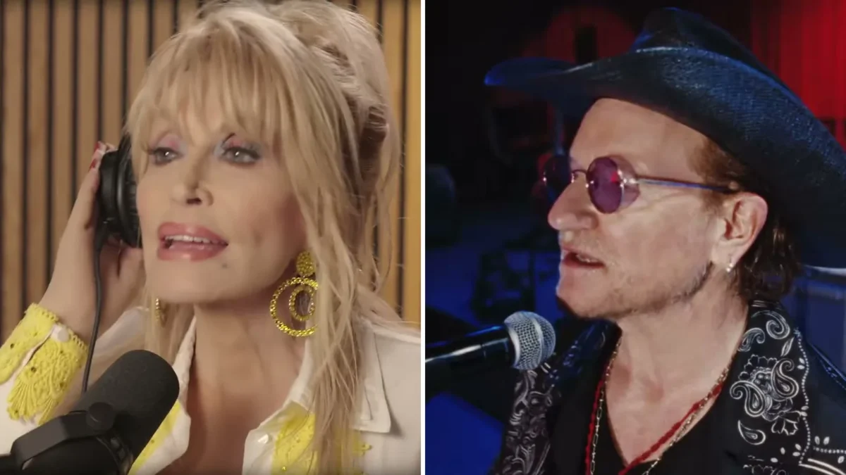 Composite image: Dolly Parton singing into a studio microphone with headphones, and Bono in purple glasses and a black hat singing on stage