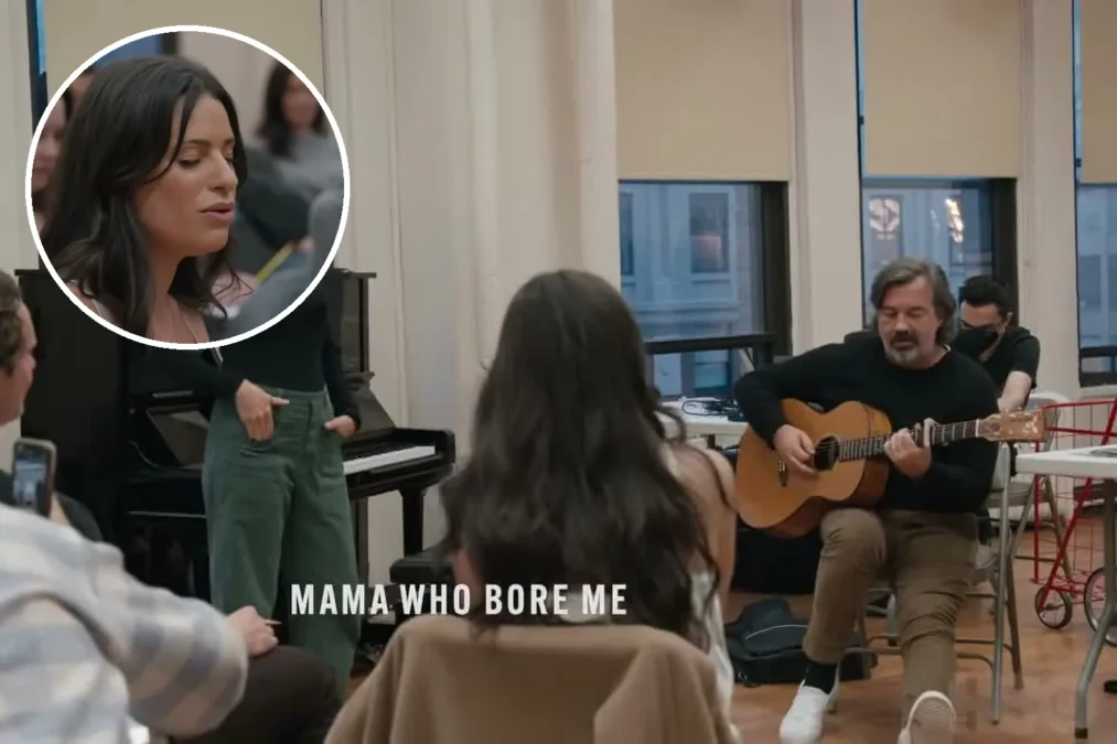 Duncan Sheik playing acoustic guitar at a Spring Awakening rehearsal, with an inset photo of Lea Michele singing