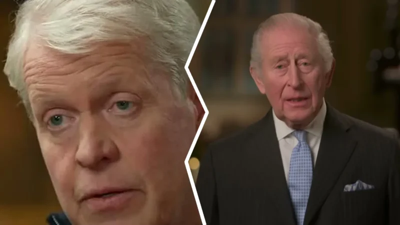 Split image of Earl Spencer in a BBC interview at Althorp and King Charles III in his Christmas broadcast