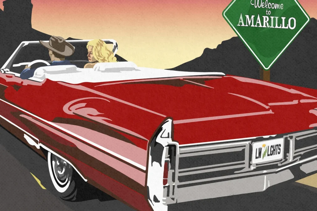 Illustrated cover art for Choosin' Texas: a cowboy and a blond woman in a red convertible drive past a green Welcome to Amarillo sign at sunset
