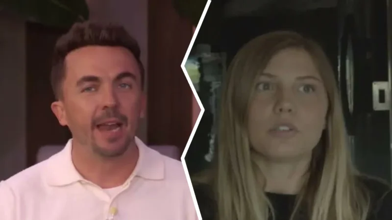 Composite image: Frankie Muniz on Live with Kelly and Mark and his estranged wife, Paige Price, split by a torn edge