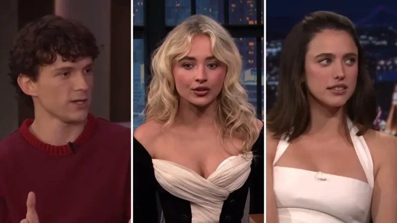 Composite image of three TV interview photos: Tom Holland in a red sweater, Sabrina Carpenter in a black and white dress, and Margaret Qualley in a white halter dress