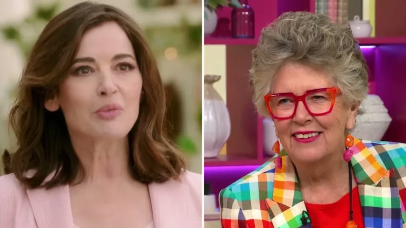 Composite image: Nigella Lawson in a pink jacket in the Great British Baking Show tent, and Prue Leith in red glasses and a checked jacket on a TV sofa