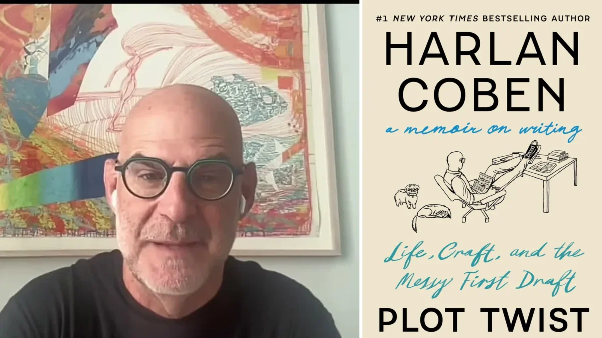 Composite image: Harlan Coben speaking on a video call in front of a colorful painting, next to the cover of his memoir Plot Twist