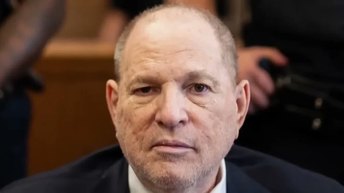 Harvey Weinstein seated in a Manhattan courtroom, looking toward the camera