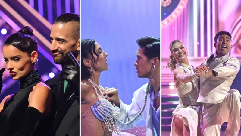 Composite image of Dancing With the Stars season 35 couples Maura Higgins and Mark Ballas, Harry Shum Jr. and Jenna Johnson, and Julia Stiles and Ezra Sosa