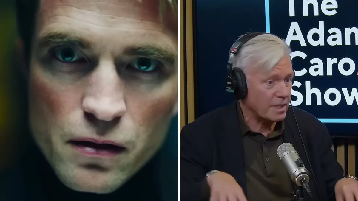 Composite image: Robert Pattinson in a tight close-up as Chris Hansen in the Primetime trailer, and the real Chris Hansen in headphones at a podcast microphone