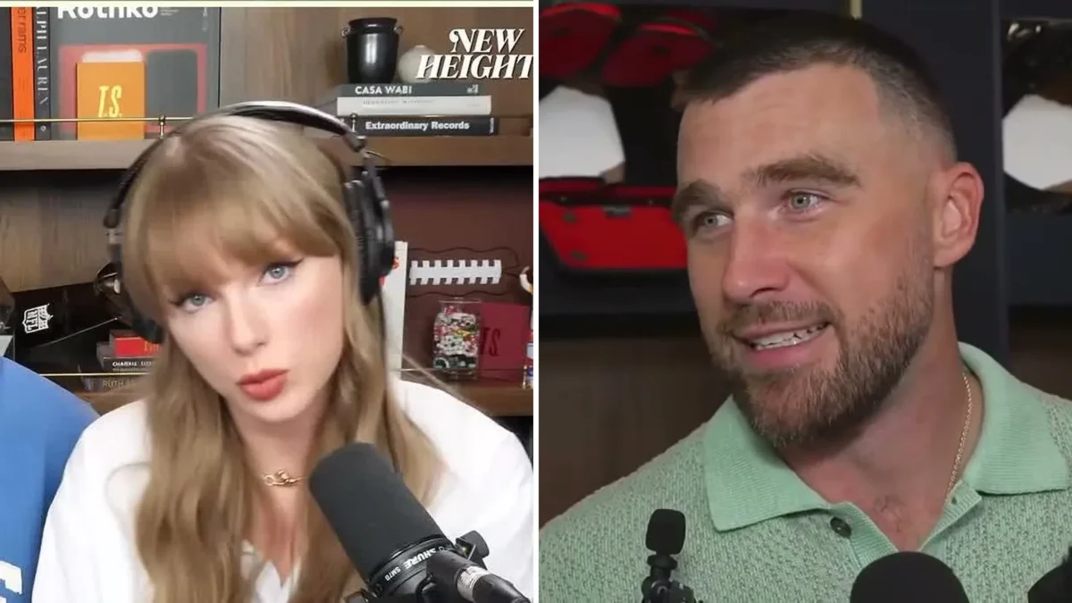 Split image of Taylor Swift on the New Heights podcast and Travis Kelce speaking to reporters in the Chiefs locker room