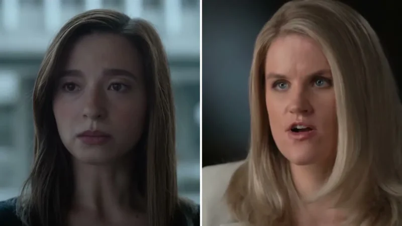 Composite image: Mikey Madison as Frances Haugen in The Social Reckoning trailer, left, and the real Frances Haugen during her 60 Minutes interview in 2021, right