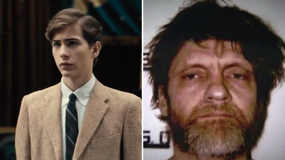 Composite image: Jacob Tremblay as the young Ted Kaczynski in a tan jacket and tie in the Unabomber trailer, and the real Ted Kaczynski, bearded, in his 1996 booking photo