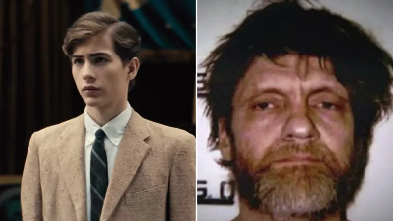 Composite image: Jacob Tremblay as the young Ted Kaczynski in a tan jacket and tie in the Unabomber trailer, and the real Ted Kaczynski, bearded, in his 1996 booking photo