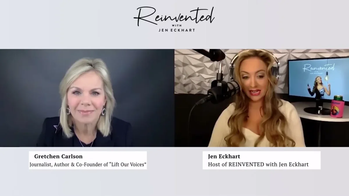 Split-screen video call between Gretchen Carlson, left, and Jen Eckhart, right, on the podcast Reinvented