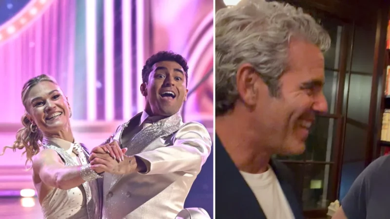 Composite image: Julia Stiles and Ezra Sosa dancing on Dancing With the Stars, and Andy Cohen