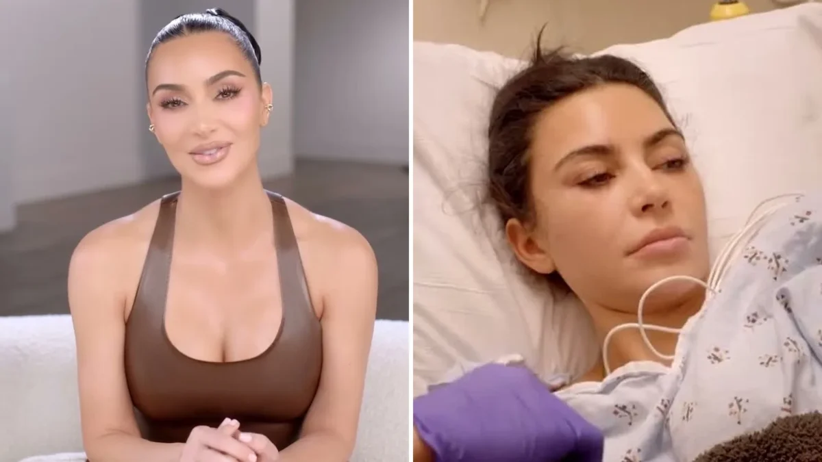 Composite image: Kim Kardashian in a confessional for The Kardashians, and Kim Kardashian in a hospital bed in the season 8 trailer