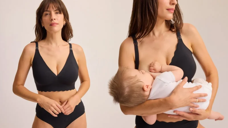Kindred Bravely BareBond seamless cotton nursing bra collection: a woman in the black BareBond bra and briefs, and a mother nursing her baby in the same bra