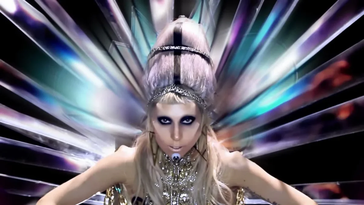 Lady Gaga in a jeweled headpiece in the Born This Way music video