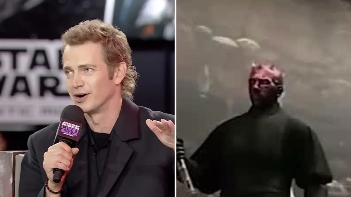 Split image of Hayden Christensen speaking at Star Wars Celebration and a Darth Maul figure in a Star Wars display