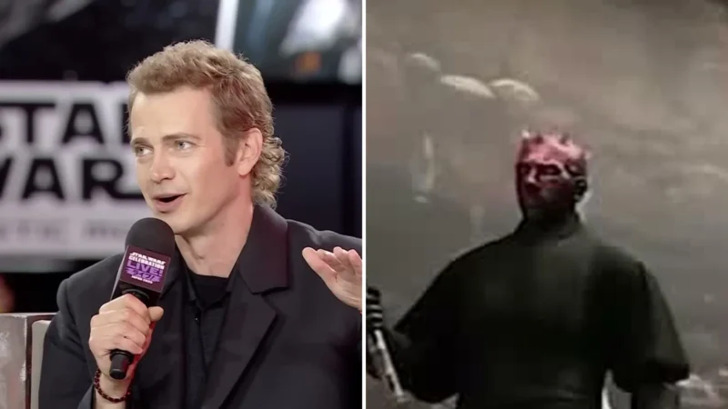 Split image of Hayden Christensen speaking at Star Wars Celebration and a Darth Maul figure in a Star Wars display