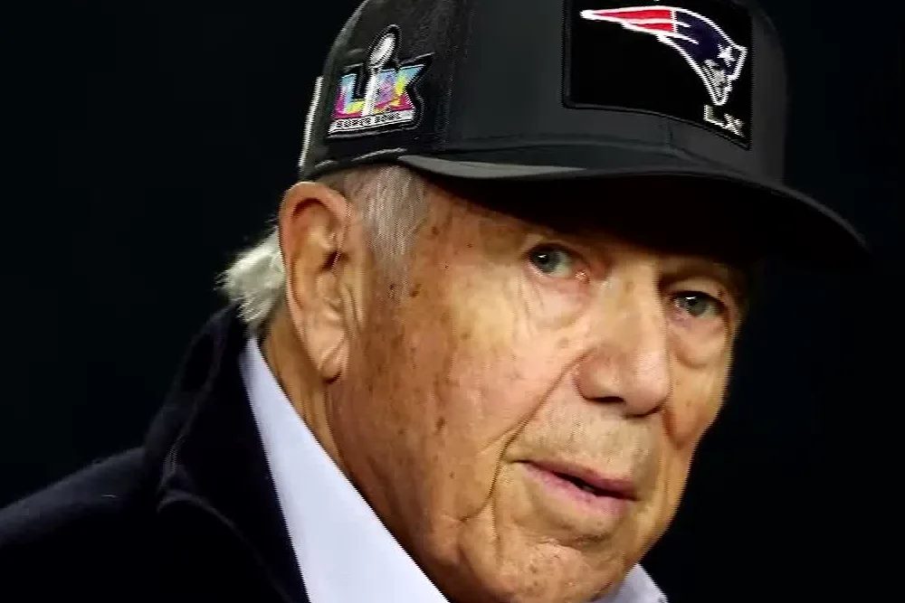 Robert Kraft, owner of Gillette Stadium, in a Patriots cap during a television interview