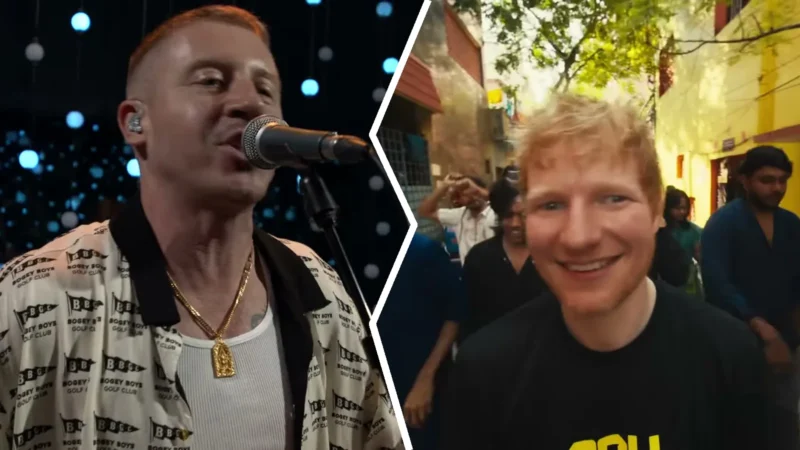 Torn split image: Macklemore singing into a handheld microphone, and Ed Sheeran singing with a guitar at a stadium show