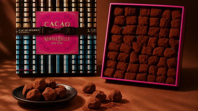 A patterned Cacao Market by MarieBelle New York gift box next to an open box of 50 cocoa-dusted dark chocolate truffles, with more truffles on a small plate on a brown surface