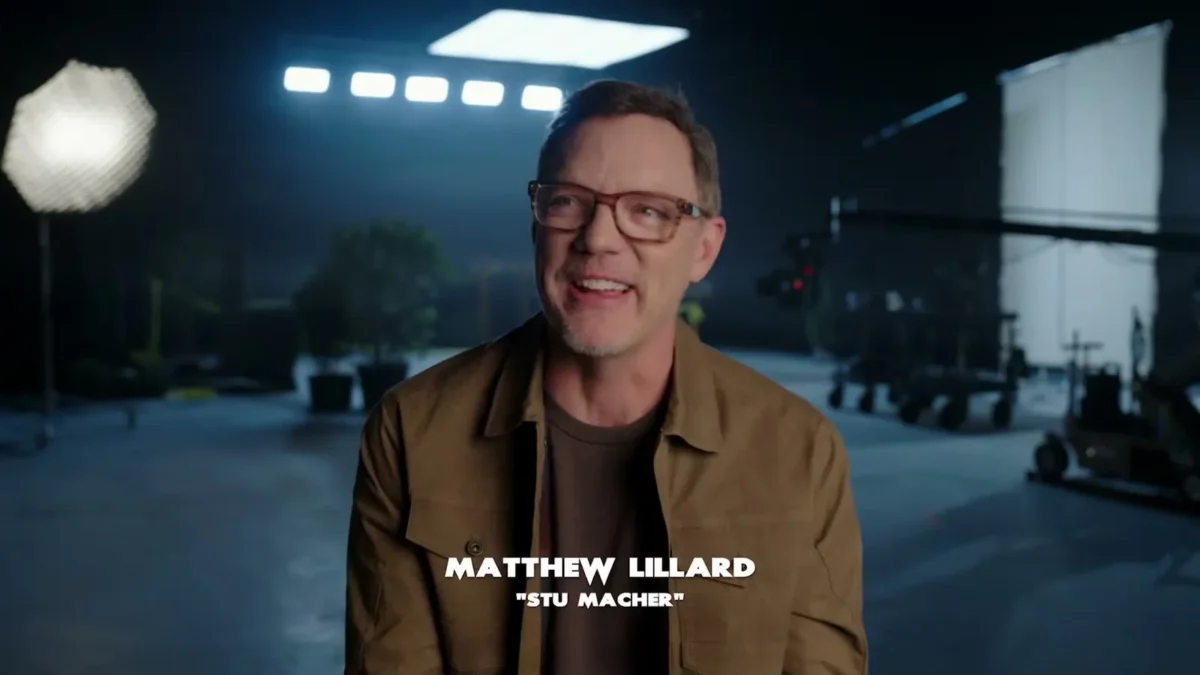 Matthew Lillard on the Scream 7 set, identified on screen as Stu Macher