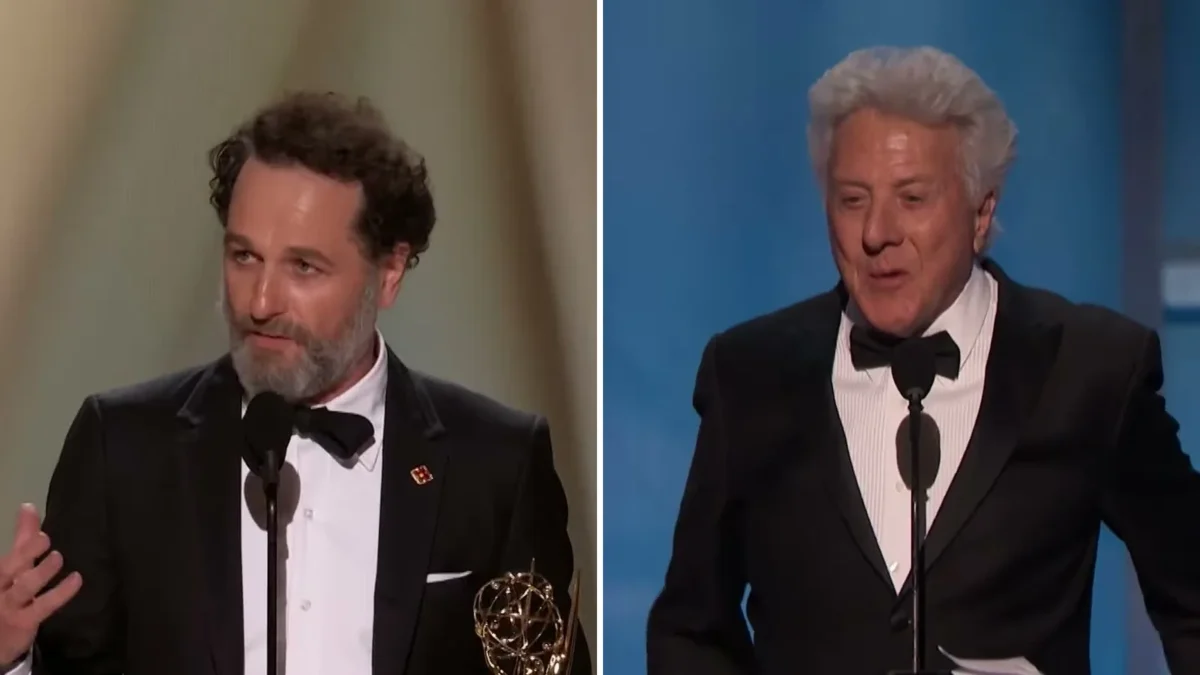 Split image: Matthew Rhys holding an Emmy at the podium, and Dustin Hoffman speaking at a microphone in a tuxedo