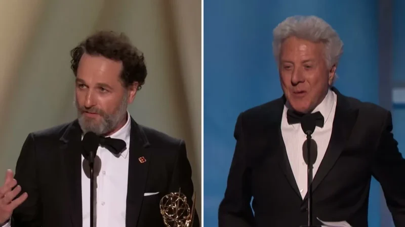 Split image: Matthew Rhys holding an Emmy at the podium, and Dustin Hoffman speaking at a microphone in a tuxedo
