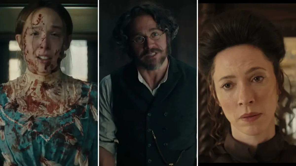Ella Beatty as Lizzie Borden, Charlie Hunnam as Andrew Borden and Rebecca Hall as Abby Borden in Monster: The Lizzie Borden Story