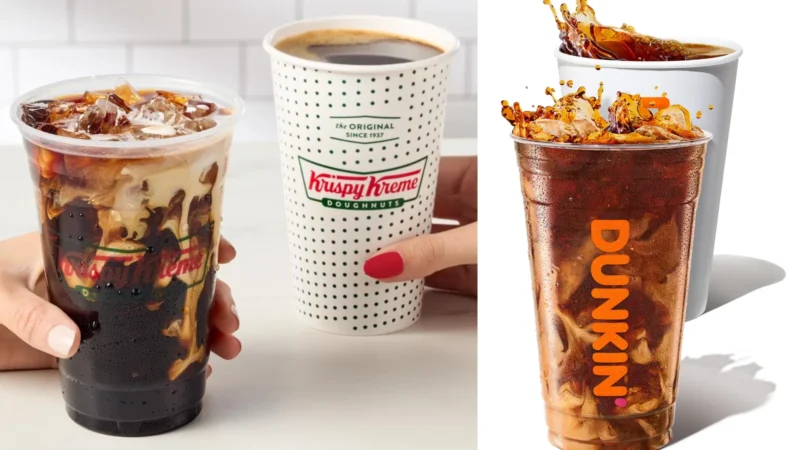 Composite image: a Krispy Kreme iced coffee and hot coffee cup held in two hands at left, and a Dunkin' iced coffee in front of a hot coffee cup at right