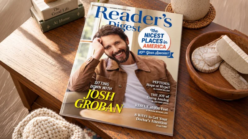 The October/November 2026 issue of Reader's Digest on a wooden side table, with Josh Groban smiling in a suede jacket on the cover and a Nicest Places in America 10th Year Special badge