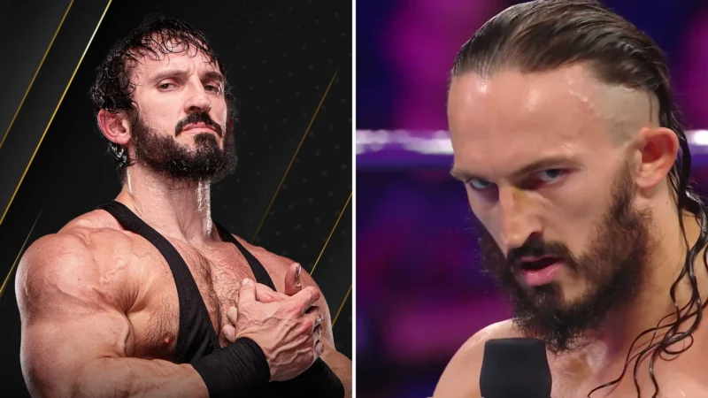 Composite image: PAC in a black singlet in his AEW roster portrait, left, and the same wrestler as Neville holding a microphone on WWE TV in 2017, right