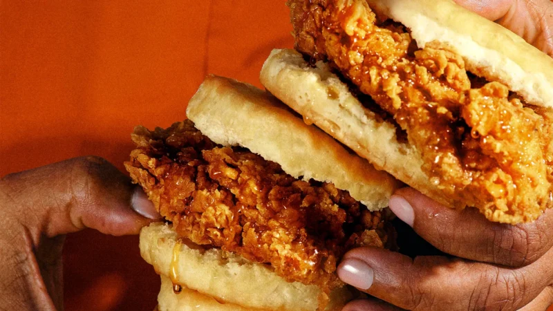 Hands holding a tall stack of Popeyes Honey Chicken Biscuits, fried chicken breasts glazed with honey between buttermilk biscuits, against an orange background